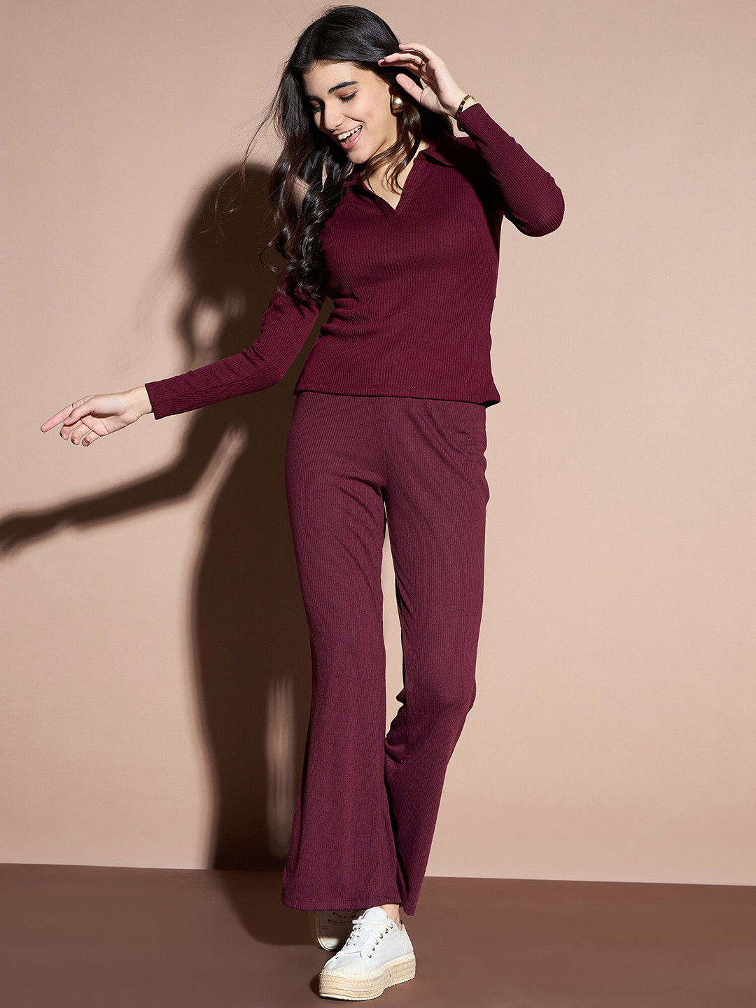 DressBerry Ribbed Shirt Collar Top With Trousers