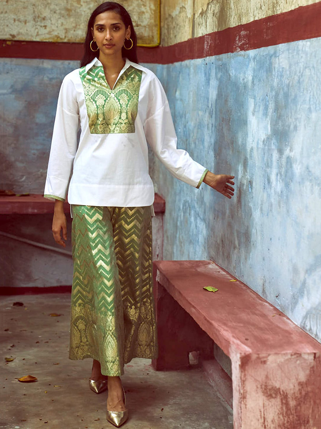 Dash and Dot Woven Design Pure Cotton Top With Palazzos