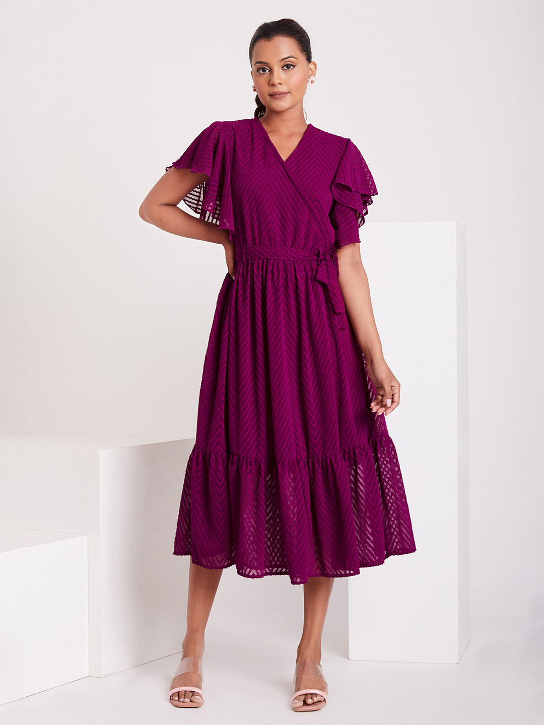 FLOWERVELLY Self Designed Flutter Sleeve Georgette Wrap Midi Dress