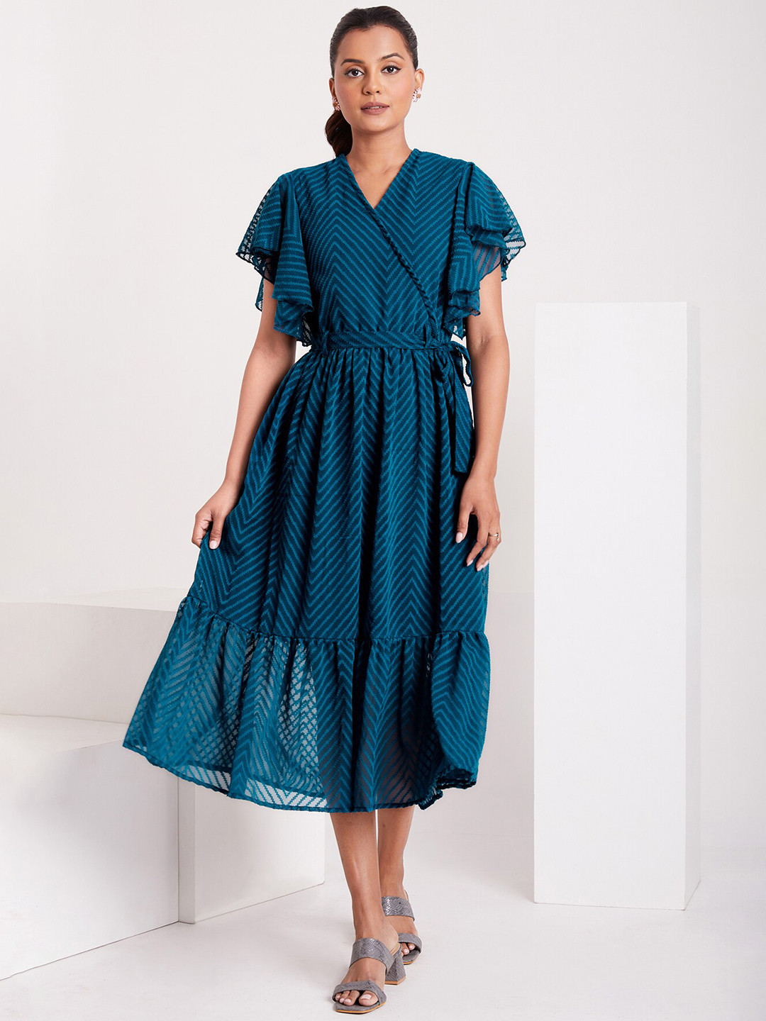 FLOWERVELLY Self Designed Flutter Sleeve Georgette Wrap Midi Dress