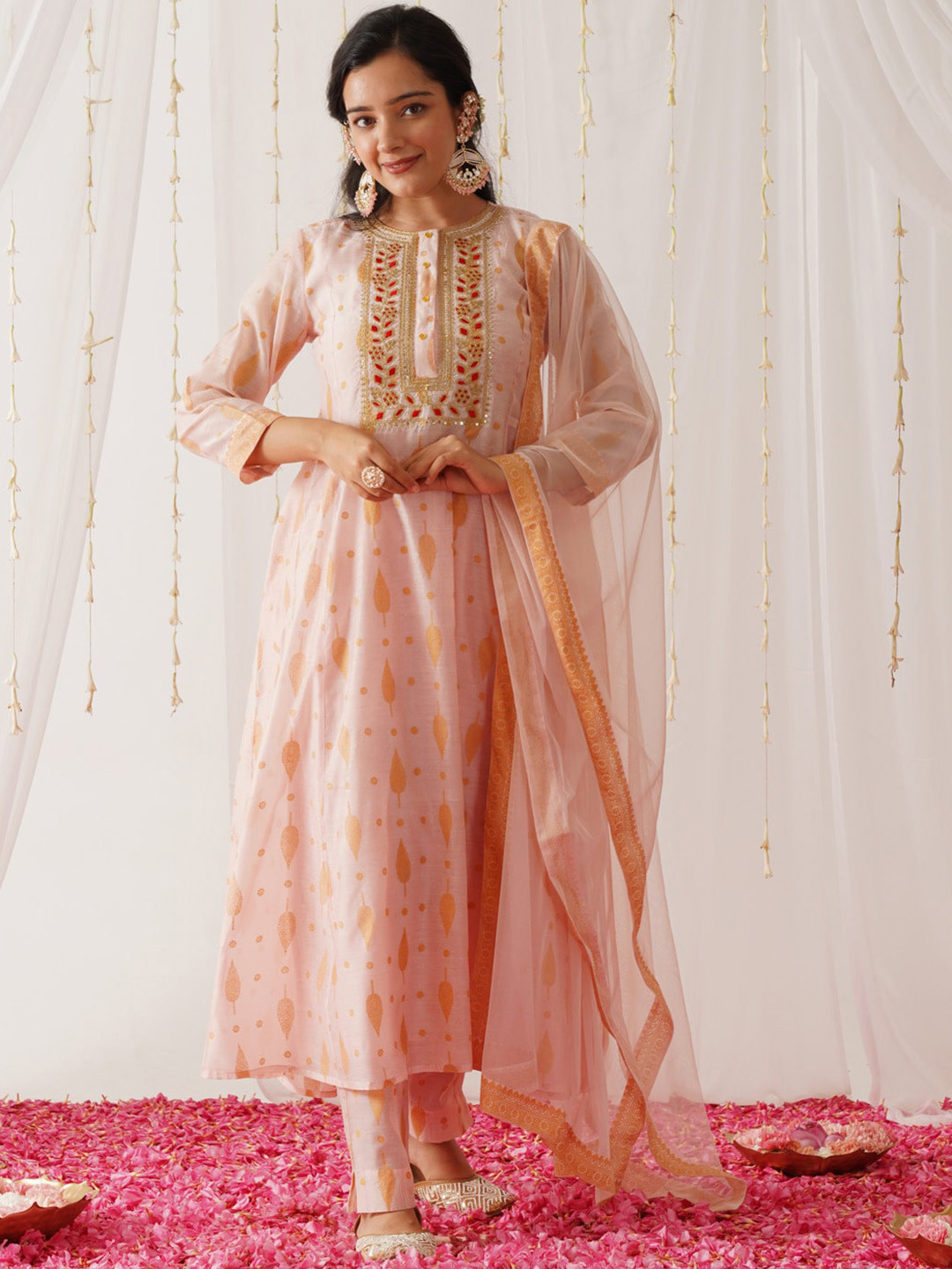 Rustorange Embroidered Regular Chanderi Silk Sequinned Kurta with Trousers & Dupatta