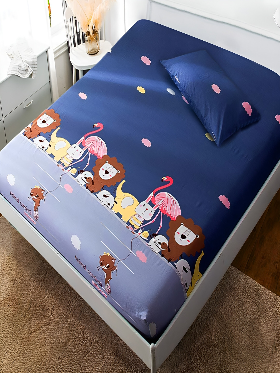 OASIS Blue Cartoon Characters 130 TC Single Bedsheet with 1 Pillow Covers