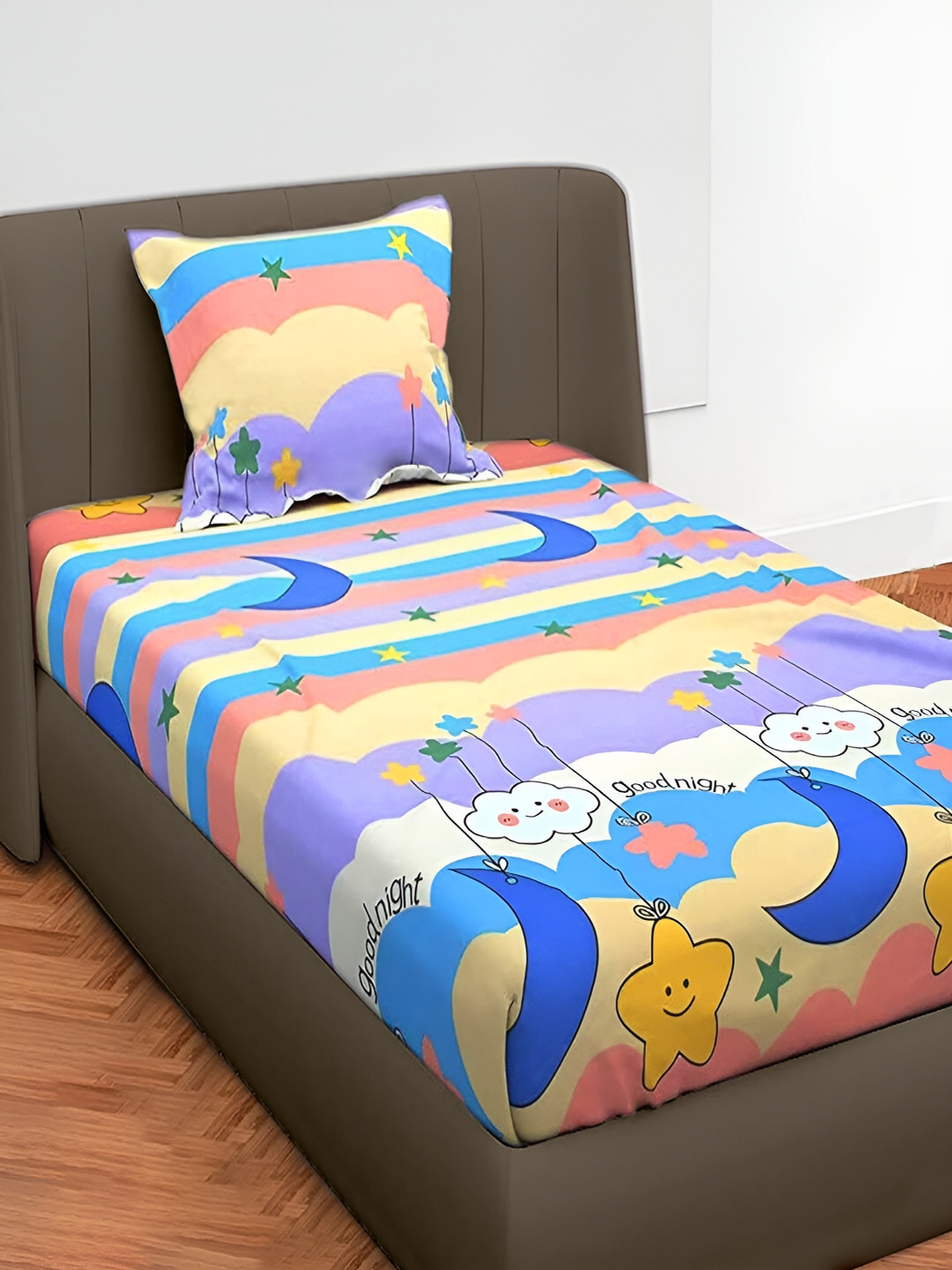 OASIS Blue & Yellow Cartoon Characters 130 TC Single Bedsheet with 1 Pillow Covers