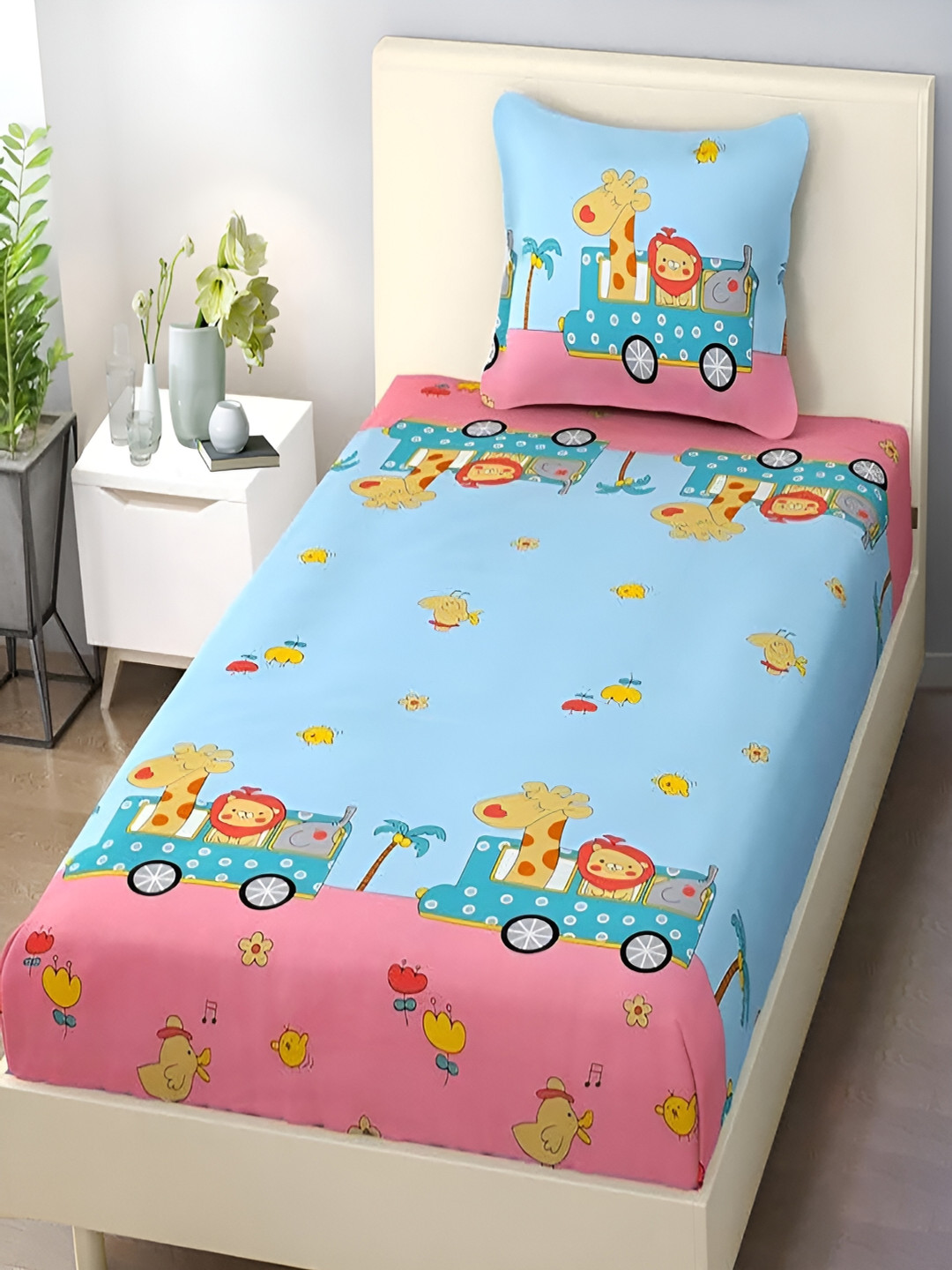 OASIS Blue Cartoon Characters 130 TC Single Bedsheet with 1 Pillow Covers