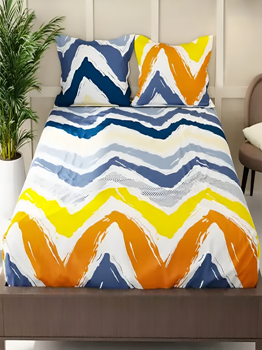 OASIS White & Blue Geometric 130 TC Queen Bedsheet with 2 Pillow Covers