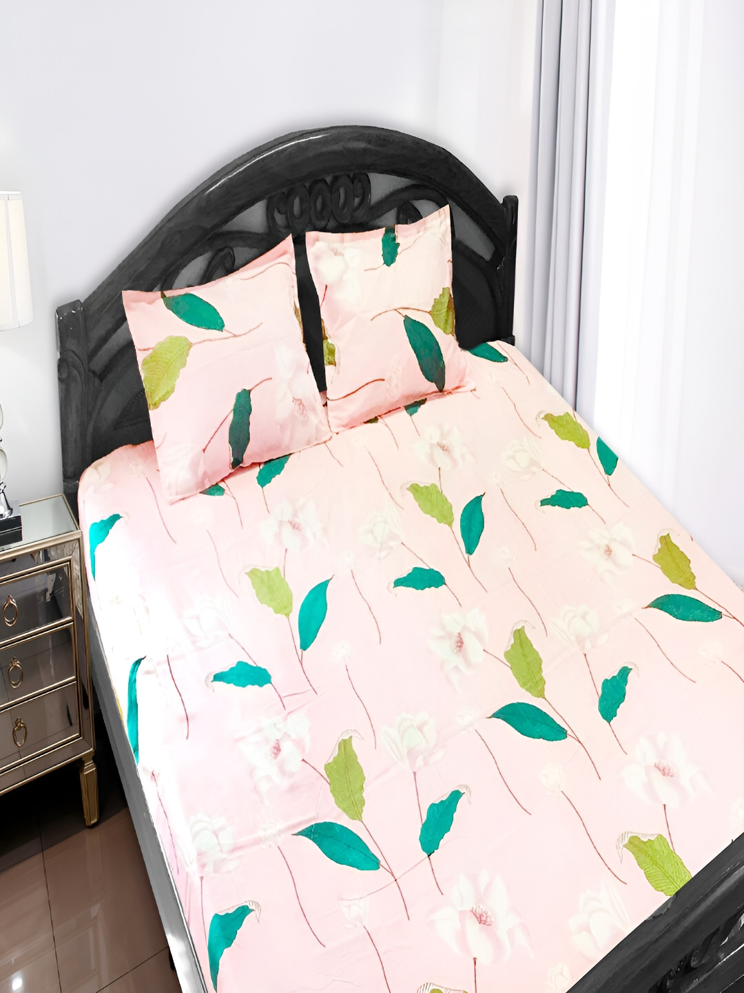 OASIS Pink & Green Floral 130 TC Queen Bedsheet with 2 Pillow Covers