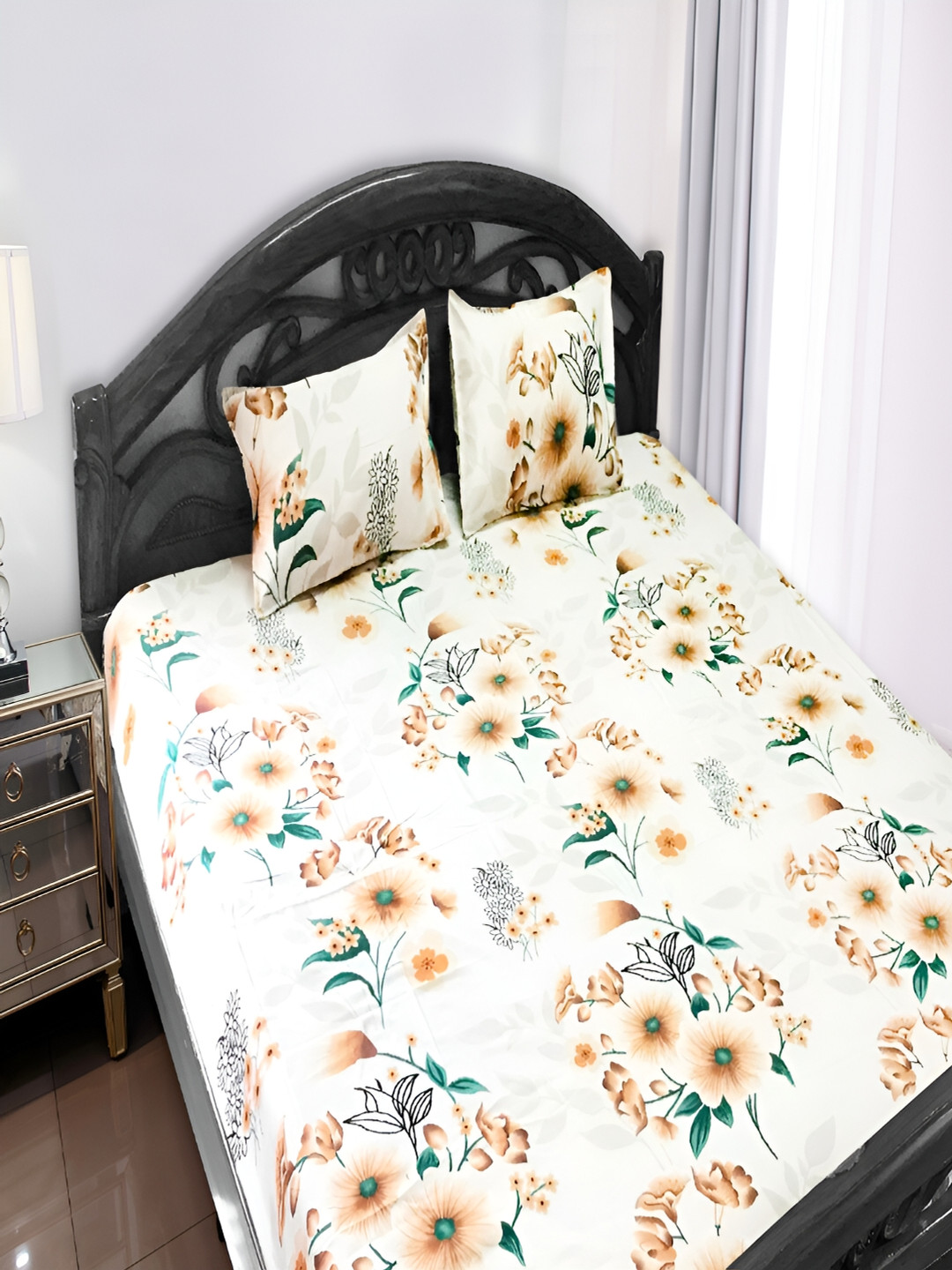 OASIS White & Yellow Floral 130 TC Queen Bedsheet with 2 Pillow Covers