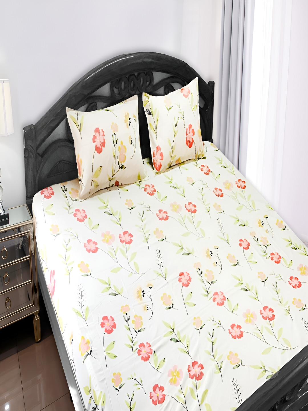 OASIS Beige Floral 130 TC Queen Bedsheet with 2 Pillow Covers