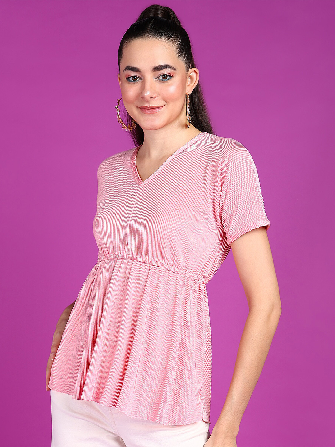 Popwings Self Design Short Sleeves Wrinkle Shimmer Top