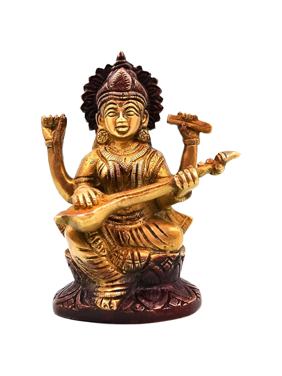 CraftVatika Goddess Saraswati Gold Brass Metallic Prayer Room Medium Showpiece - 4.7 Inches