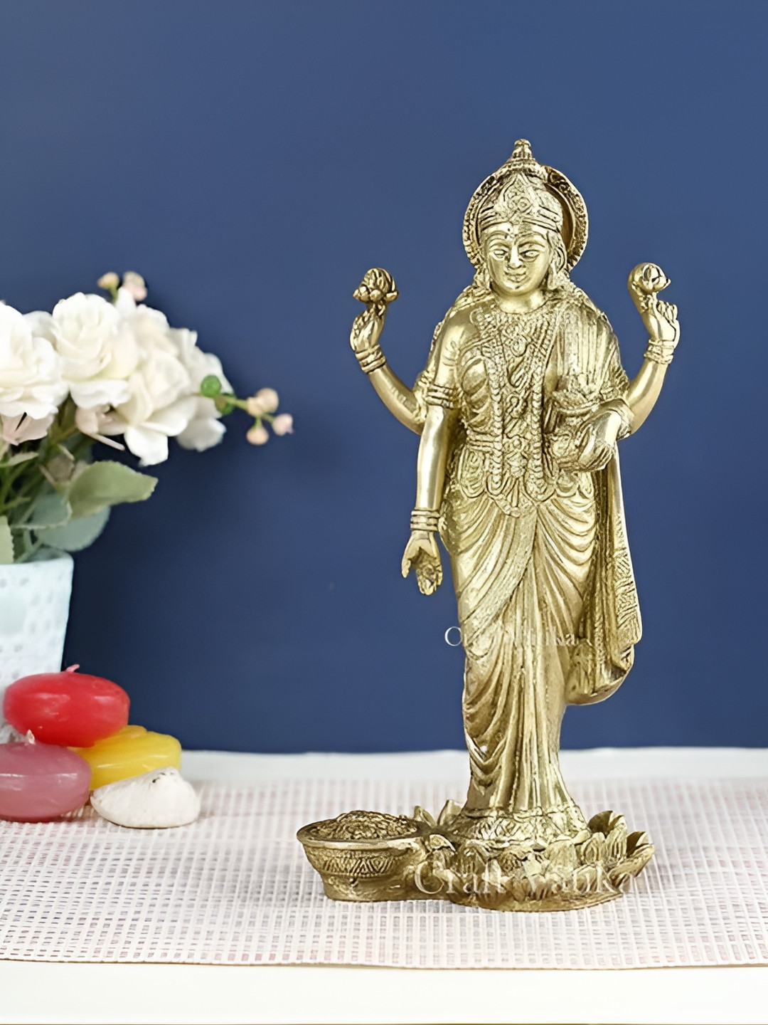 CraftVatika Goddess Lakshmi Standing Posture Gold Brass Metallic Prayer Room Medium Showpiece - 3.8 Inches