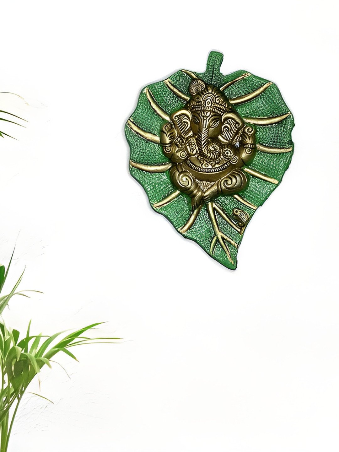 CraftVatika Leaf Ganesha Wall Hanging Metal Glossy Spiritual Wall Decor-7.1In