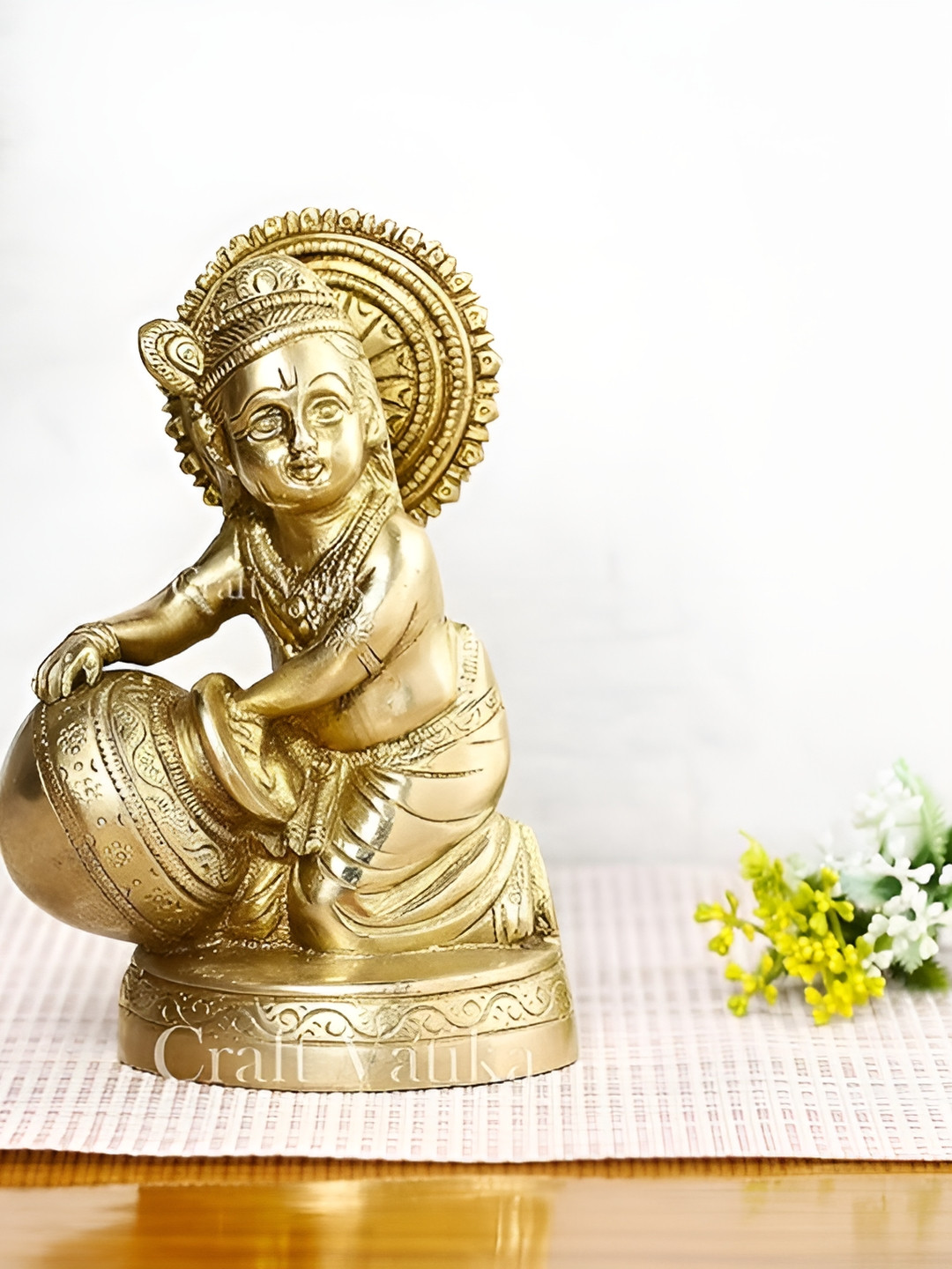 CraftVatika Baby Krishna Gold Brass Metallic Prayer Room Medium Showpiece - 3.1 Inches