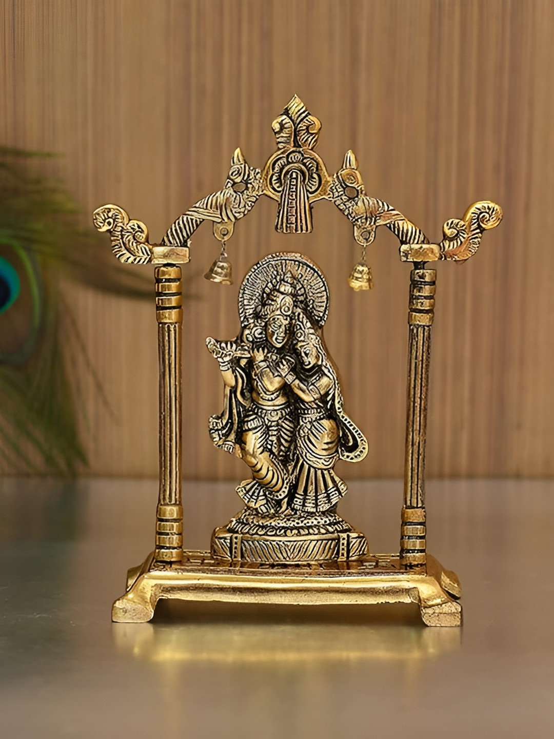 CraftVatika Radha Krishna Gold Metal Metallic Prayer Room Medium Showpiece - 7 Inches