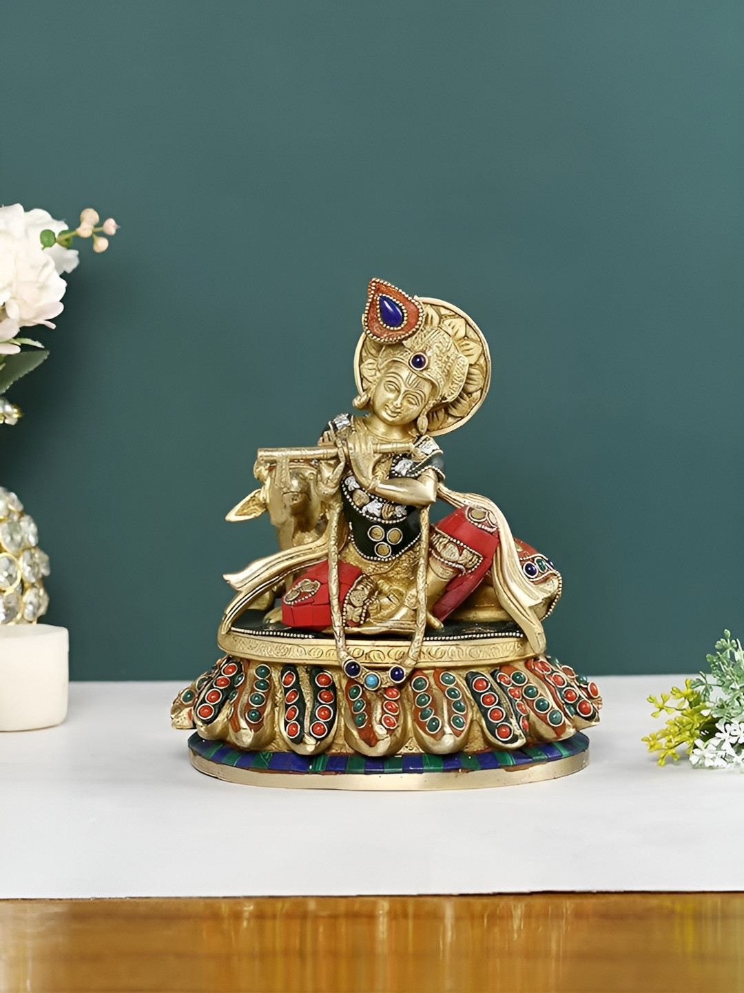 CraftVatika Krishna Playing Flute with Cow Sitting On Couch Gold Brass Metallic Prayer Room Medium Showpiece - 5.2 Inches