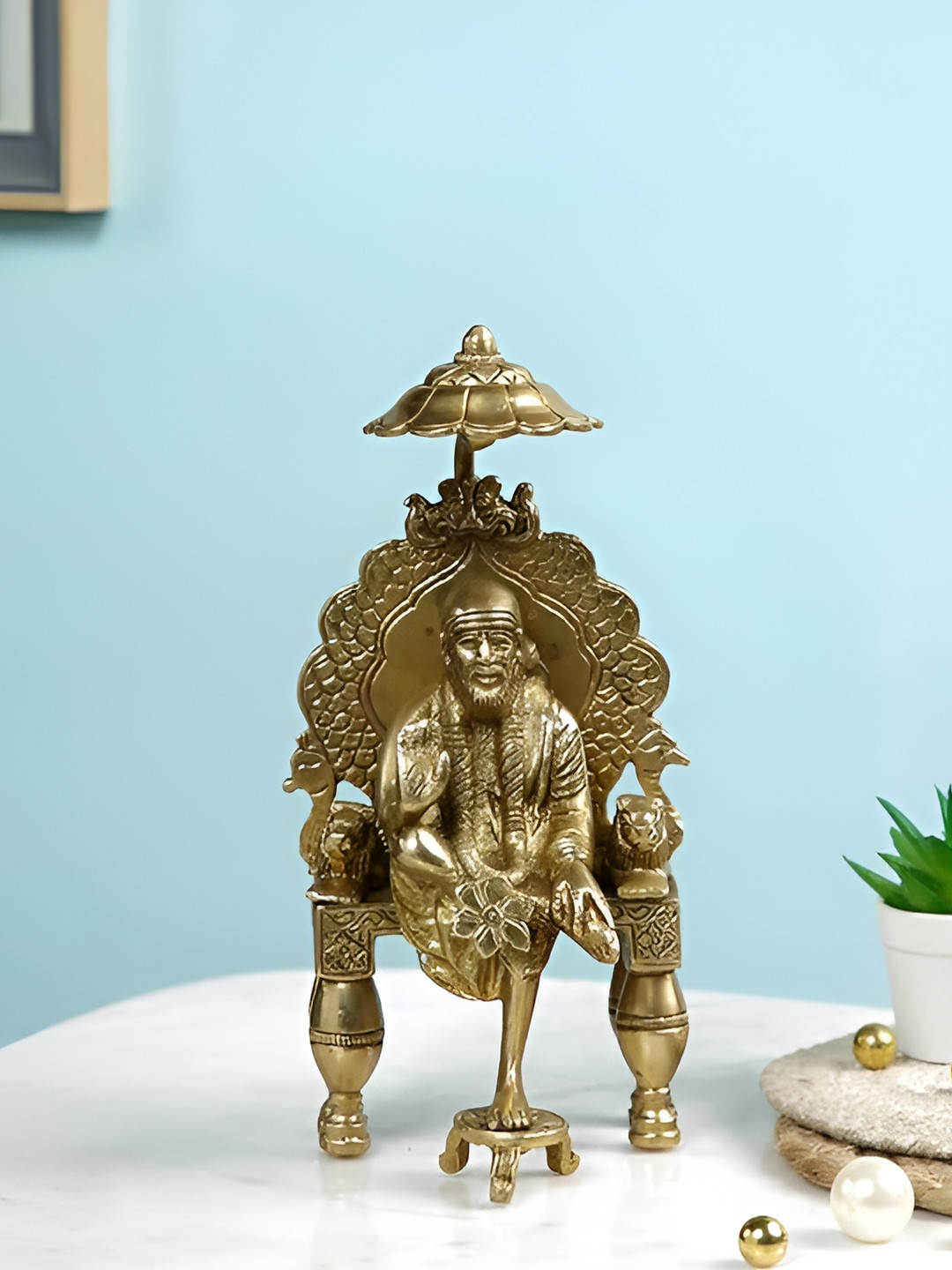 CraftVatika Shirdi Sai Baba Sitting on Throne Gold Brass Metallic Prayer Room Medium Showpiece - 7 Inches
