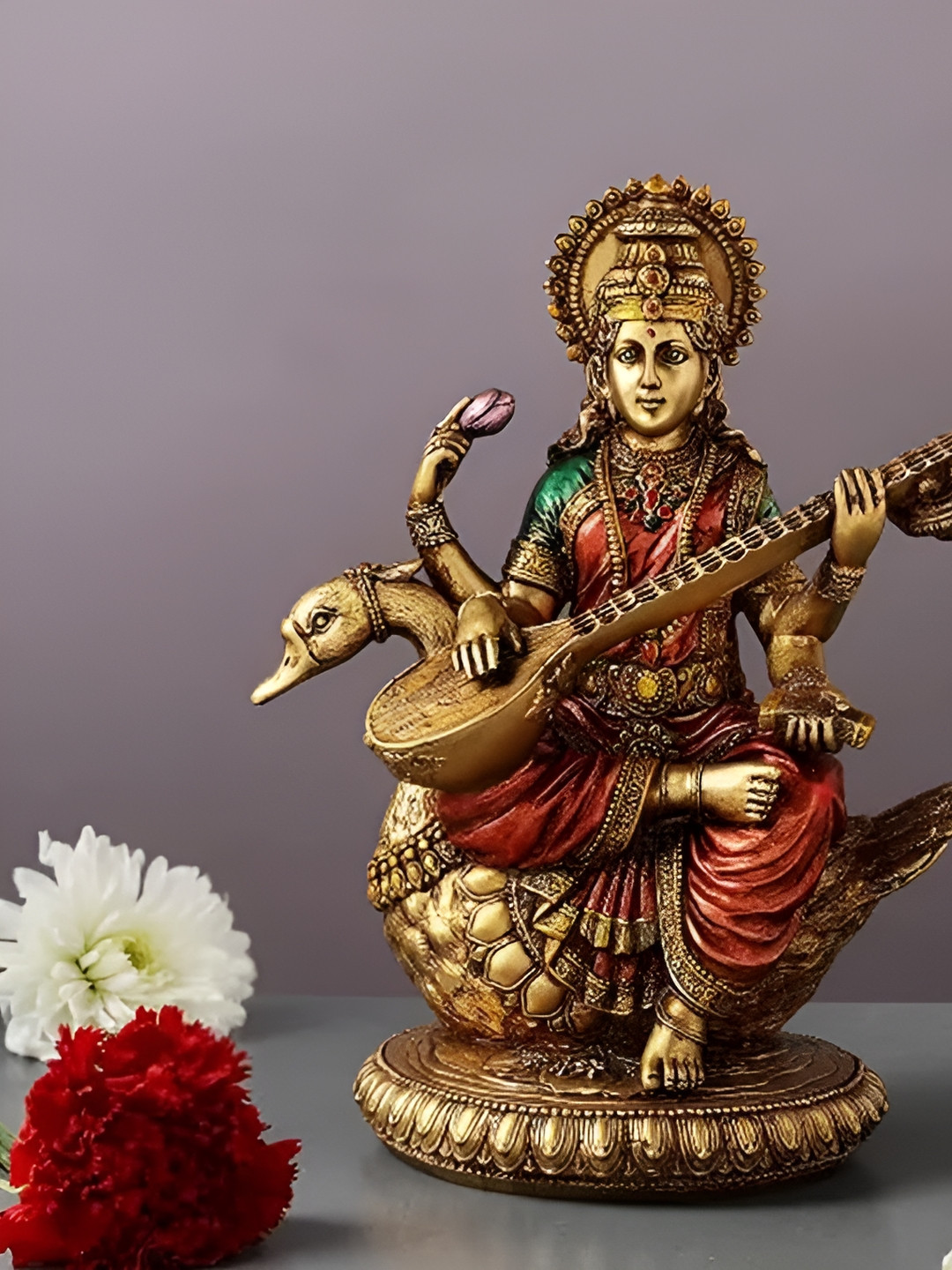 CraftVatika Saraswati Gold Resin Metallic Prayer Room Medium Showpiece - 7 Inches
