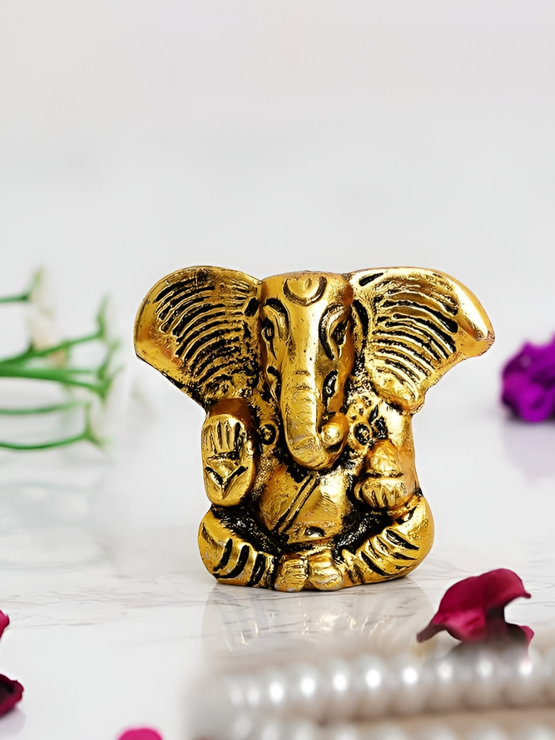 CraftVatika Ganesh Gold Metal Metallic Prayer Room Hand Made Medium Showpiece - 2 Inches