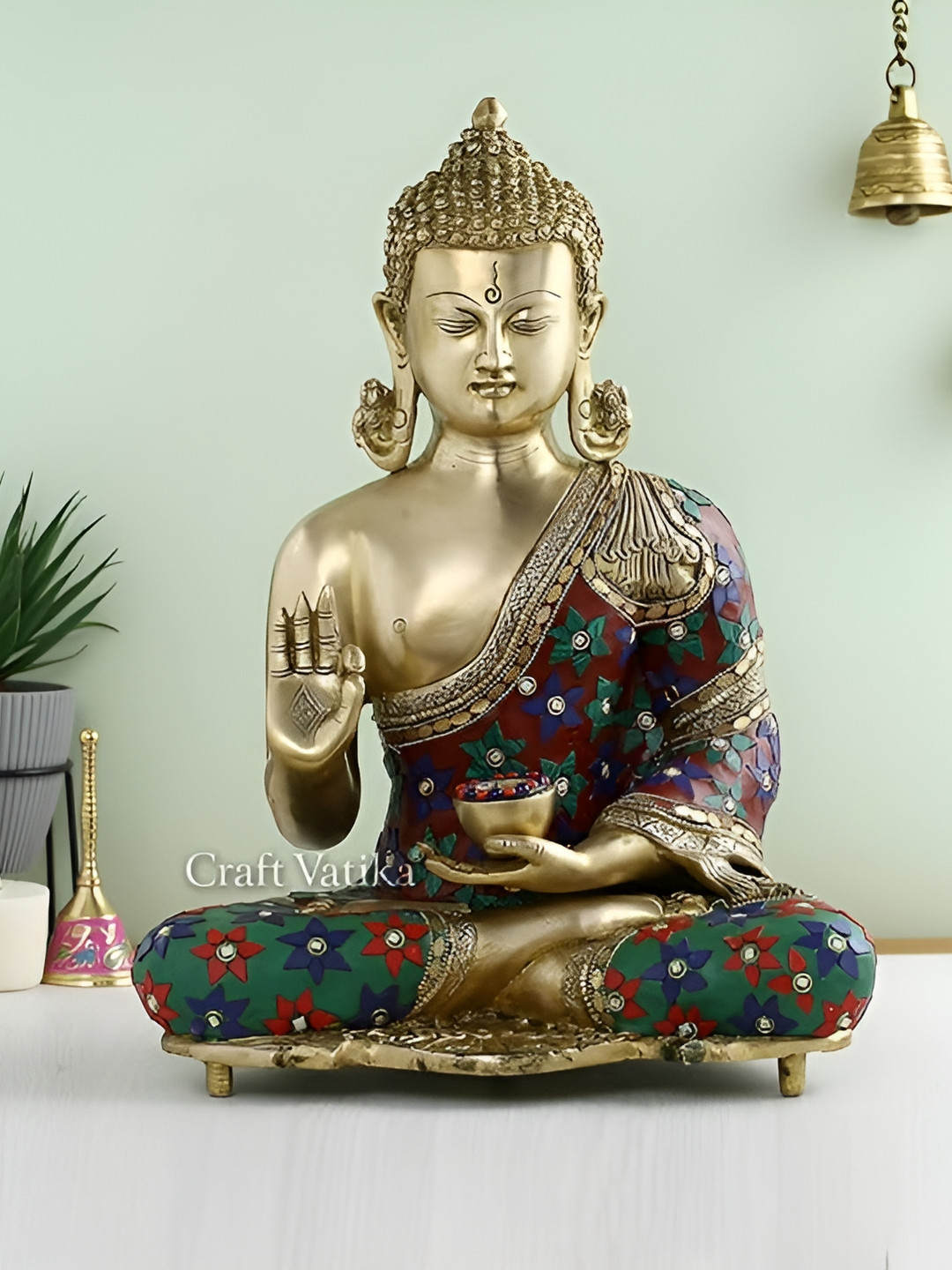 CraftVatika Blessing Buddha Gold Brass Metallic Living Room Large Showpiece - 16 Inches