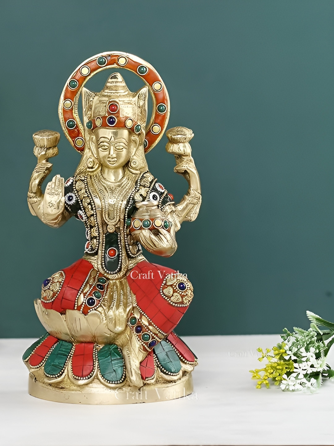 CraftVatika Lakshmi Gold Brass Metallic Prayer Room Medium Showpiece - 9.5 Inches