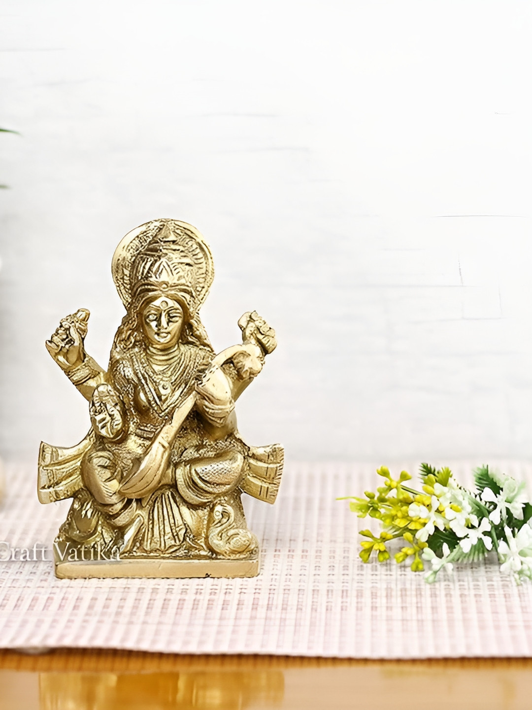 CraftVatika Goddess Saraswati Gold Brass Metallic Prayer Room Medium Showpiece - 1.8 Inches