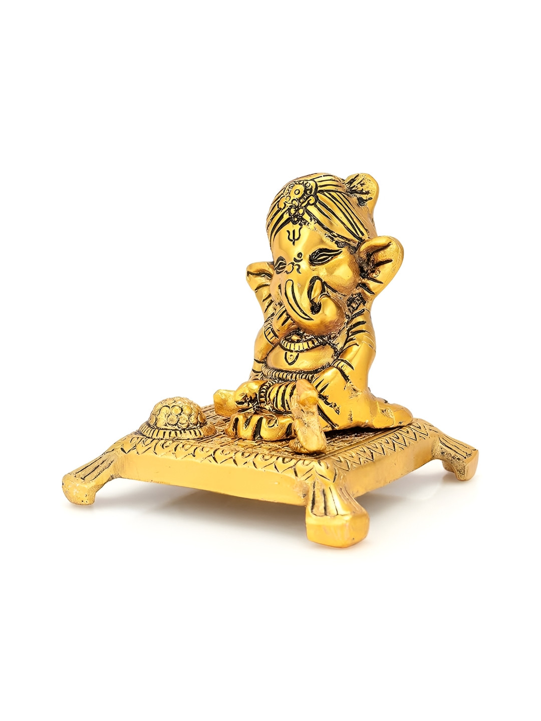CraftVatika Ganesh with Chowki Gold Metal Metallic Prayer Room Medium Showpiece - 4.5 Inches