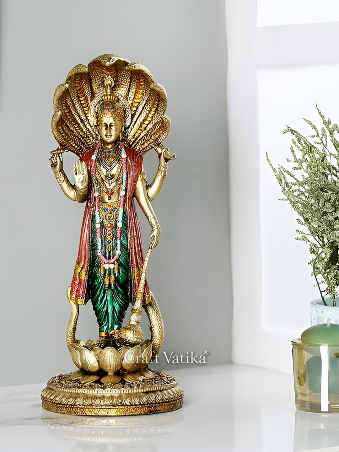 CraftVatika Vishnu Standing On Lotus Base with Sheshnag Narayani Gold Brass Metallic Prayer Room Medium Showpiece - 12.5 Inches