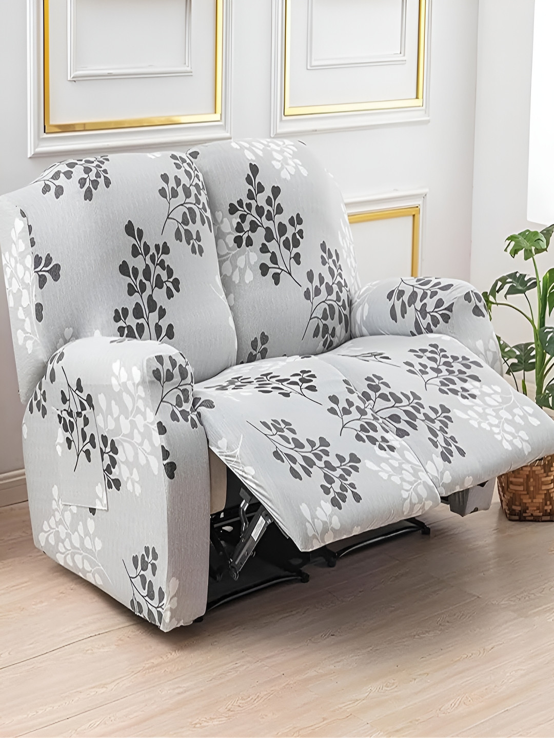 HOUSE OF QUIRK Recliner Grey & Black 6 Pieces Printed 2 Seater Sofa Cover With Arms
