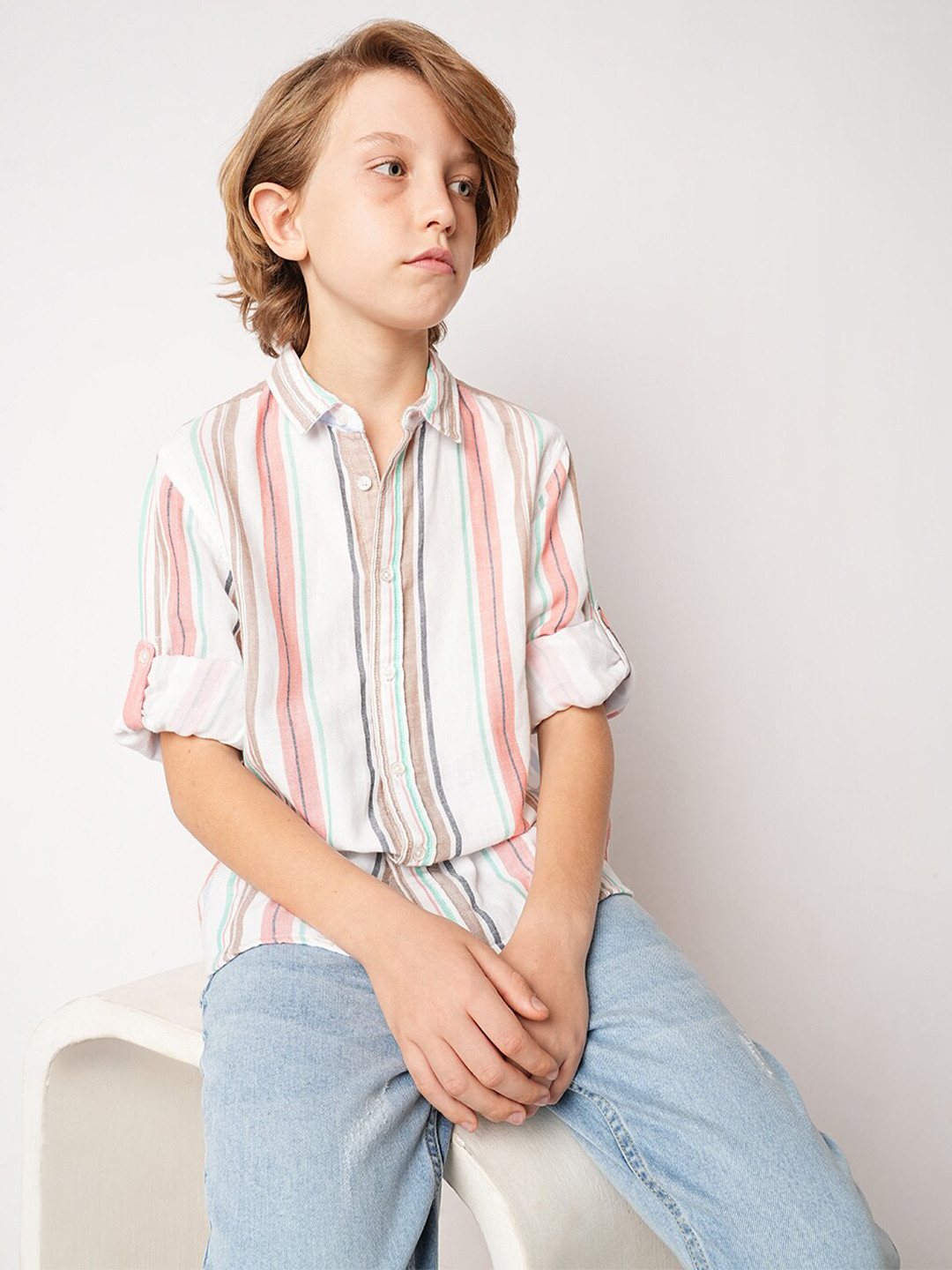 Jack & Jones Junior Boys Striped Spread Collar Roll-Up Sleeves Cotton Casual Shirt