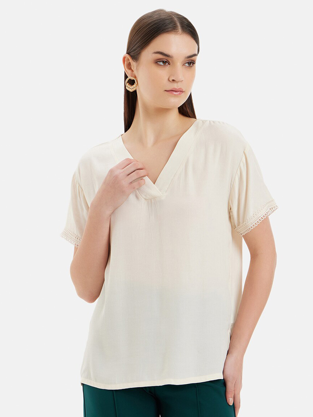 Kazo V-Neck Drop Shoulder Sleeves Lace Inserts Top