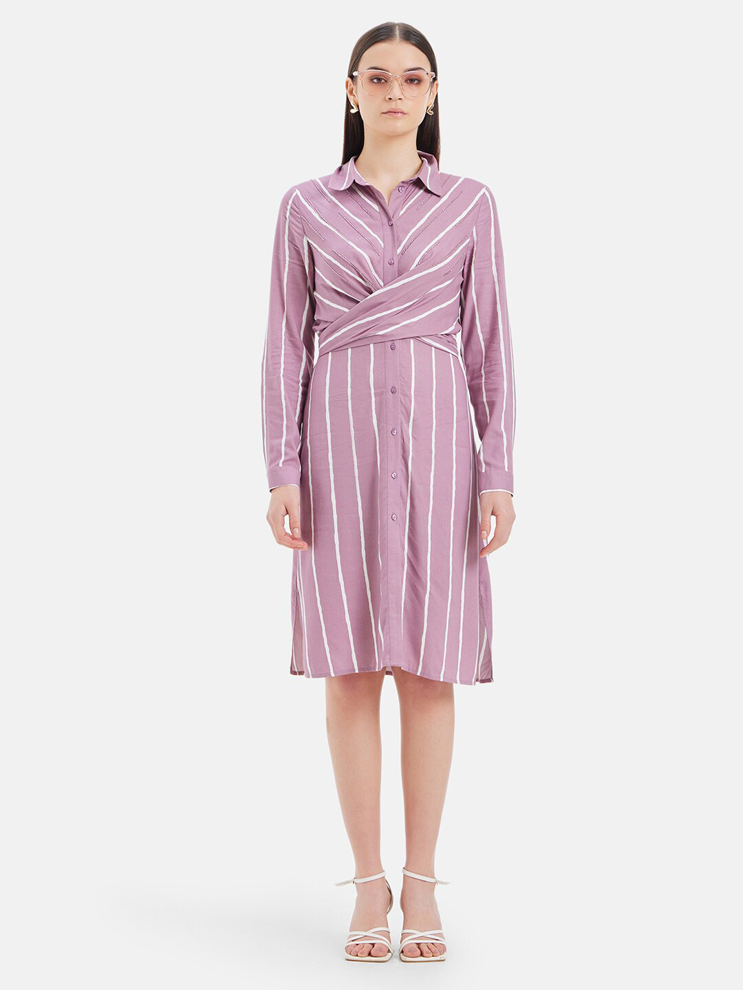 Kazo Striped Shirt Collar Cuffed Sleeves Satin Dress