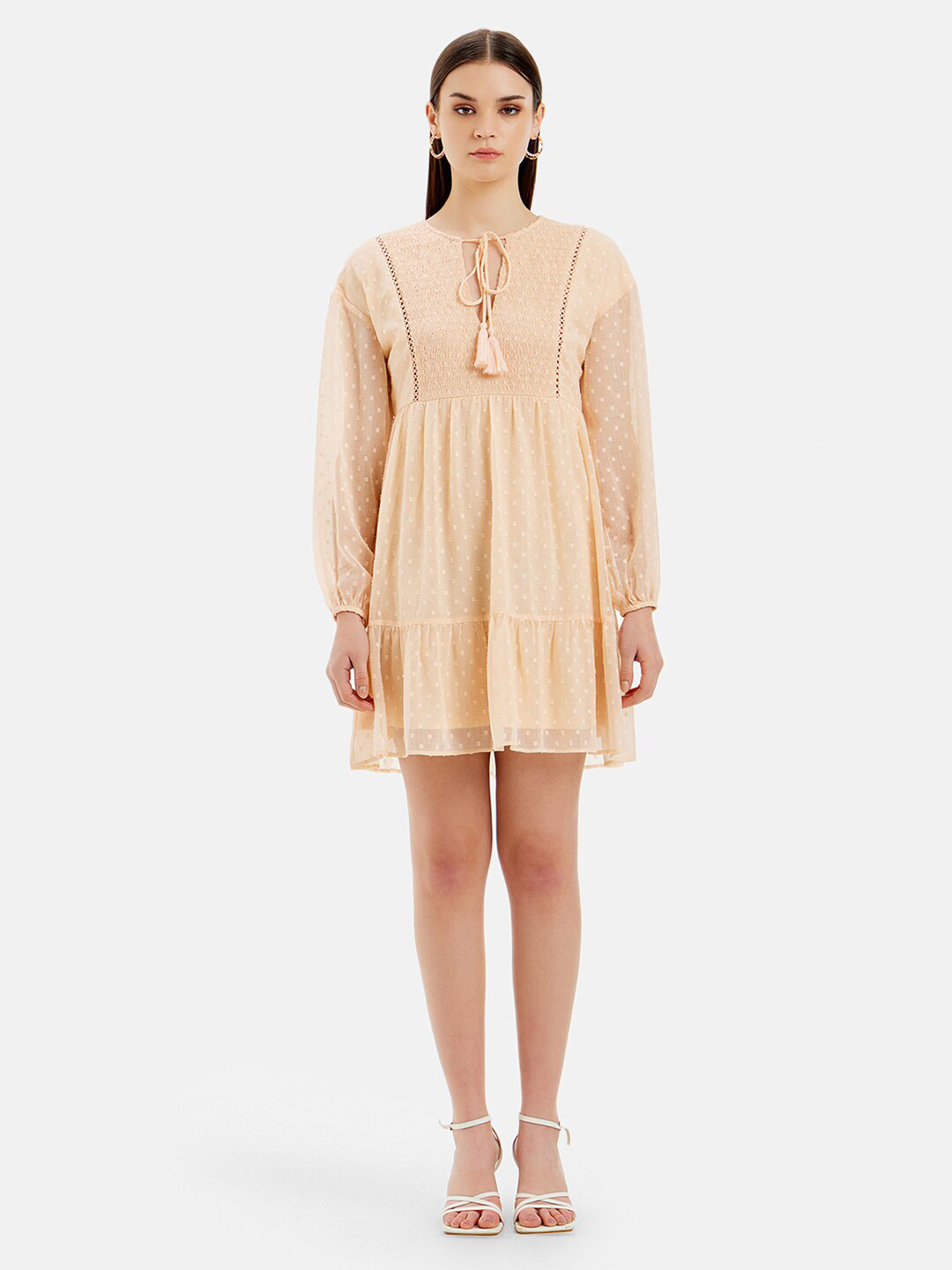 Kazo Self Design Tie-Up Neck  Cufed Sleeves Satin Fit & Flare Dress