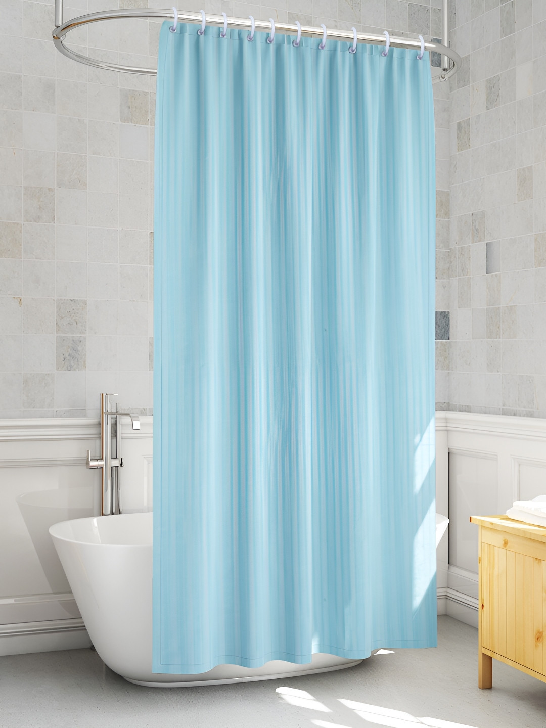 MONKDECOR Teal-Blue Self-Striped Water-Repellent Shower Curtain With Hooks