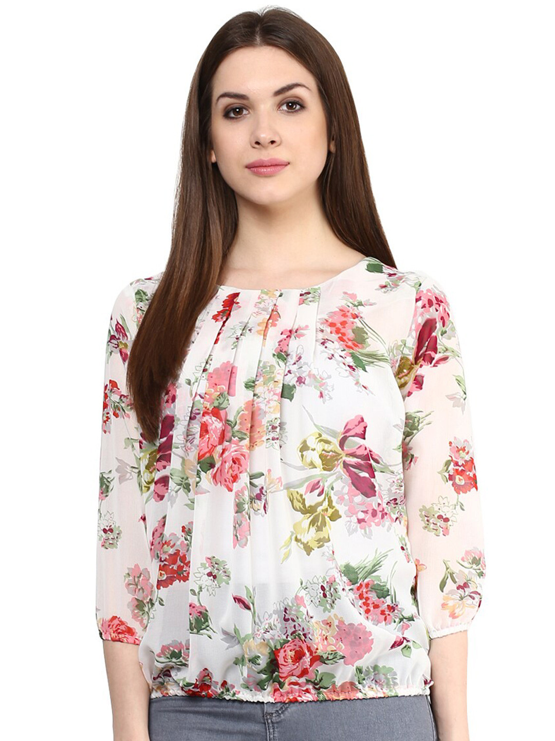 Mayra Floral Print Puff Sleeve Crepe Blouson Top