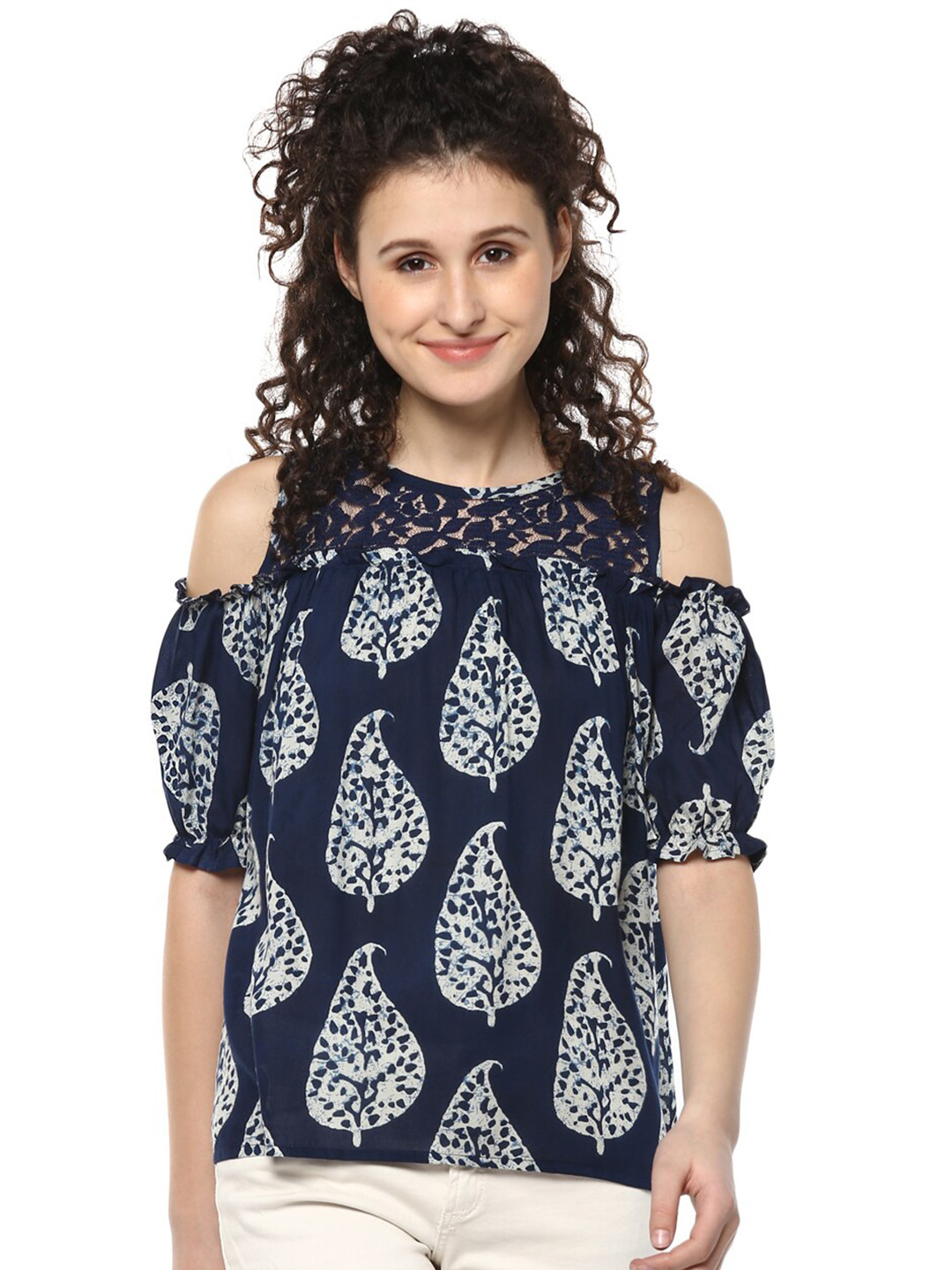 Mayra Ethnic Motifs Printed Cold-Shoulder Top