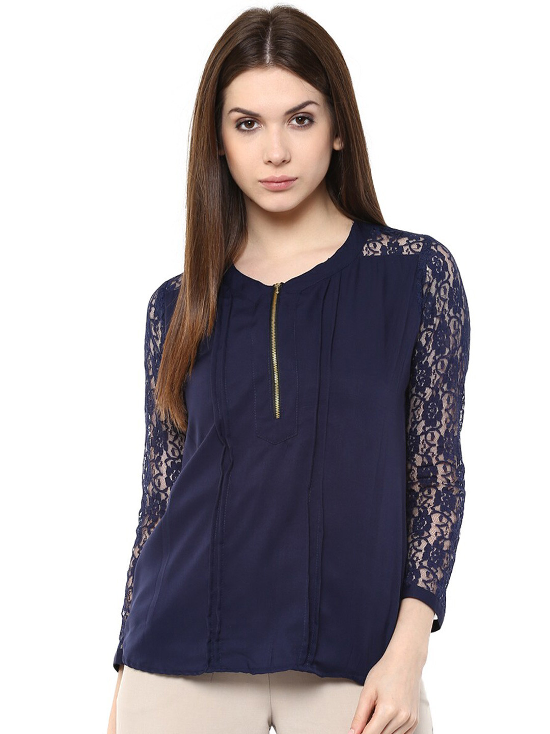 Mayra Navy Blue Self Design Crepe Top