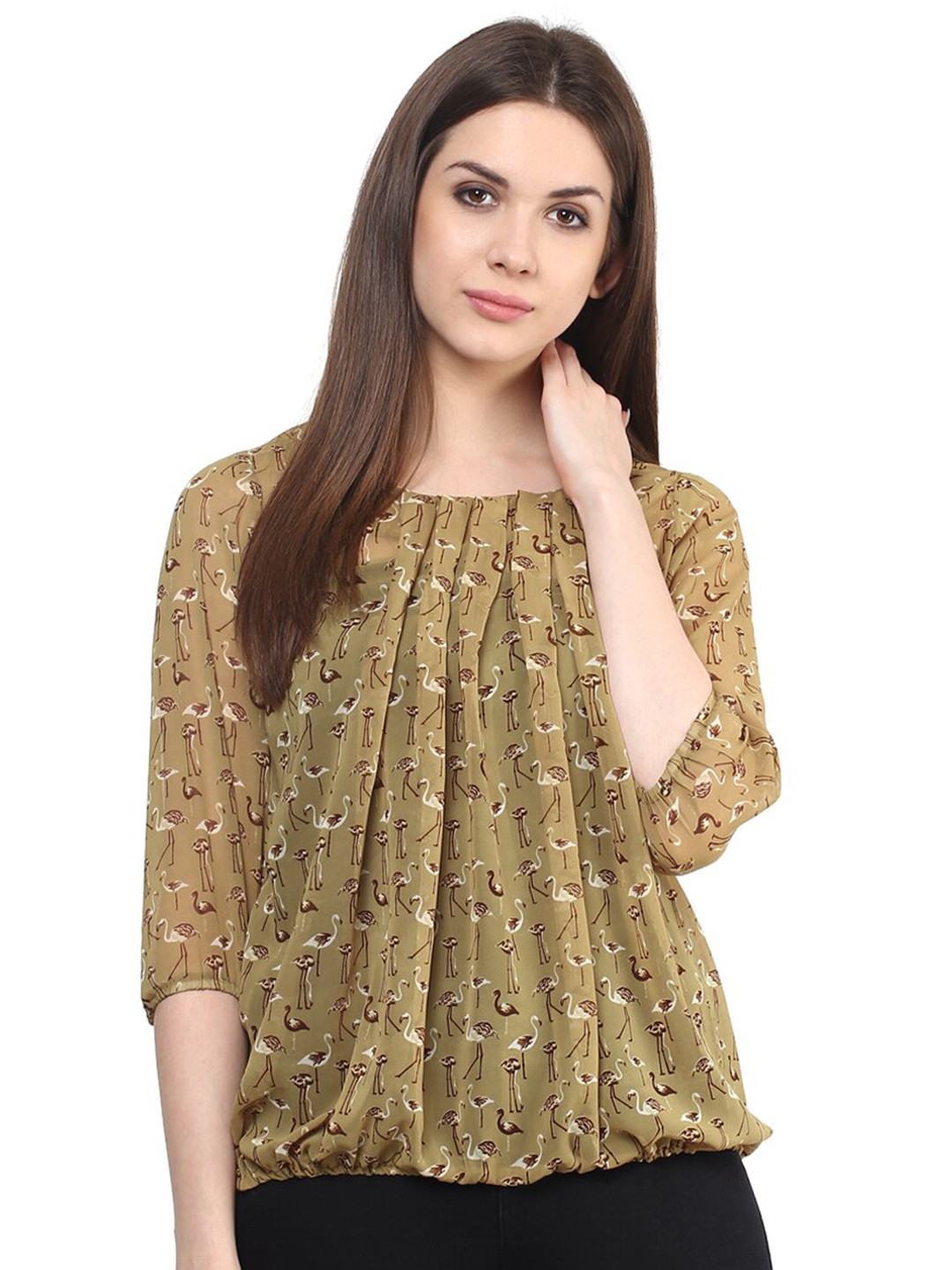 Mayra Conversational Printed Cuffed Sleeves Gathered Semi Sheer Crepe Top