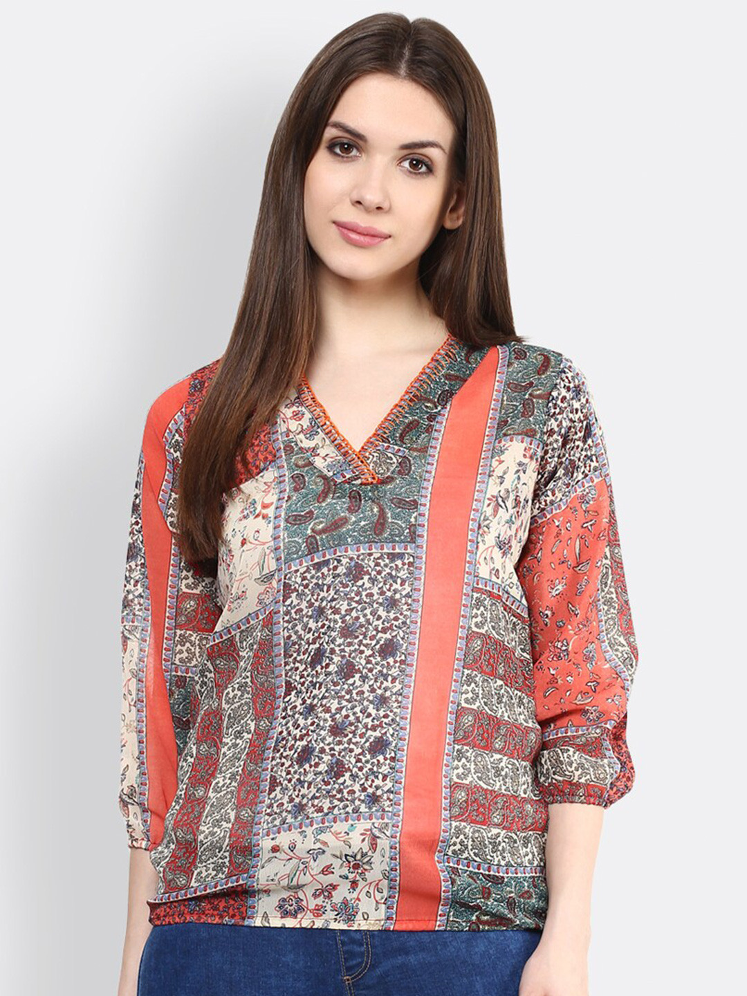 Mayra Ethnic Motifs Printed V-Neck Georgette Top