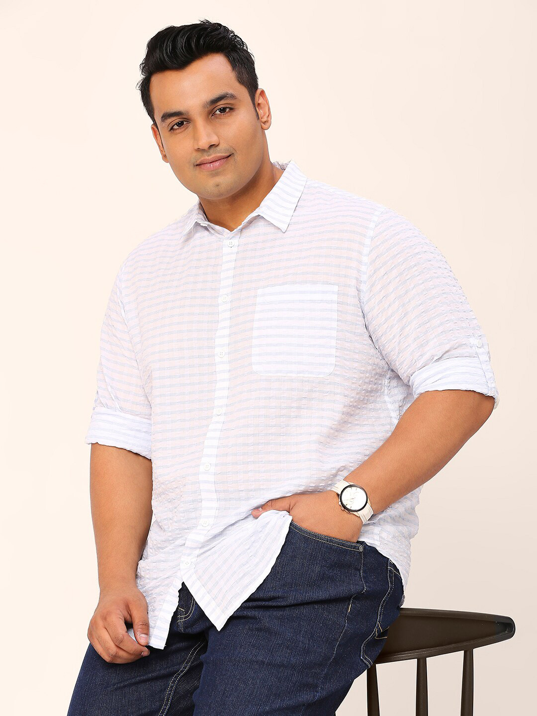 Sztori Plus Size Standard Horizontal Striped Roll-Up Sleeves Pure Cotton Casual Shirt