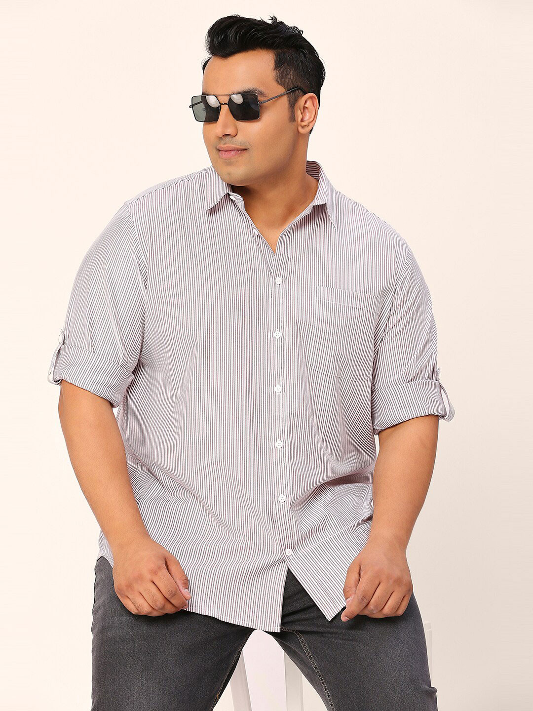 Sztori Plus Size Standard Vertical Striped Roll-Up Sleeves Pure Cotton Casual Shirt