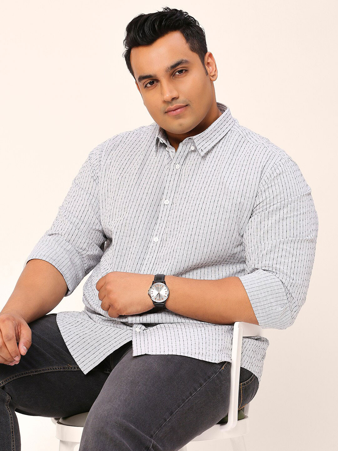 Sztori Plus Size Standard Micro Checked Button-Down Collar Pure Cotton Casual Shirt