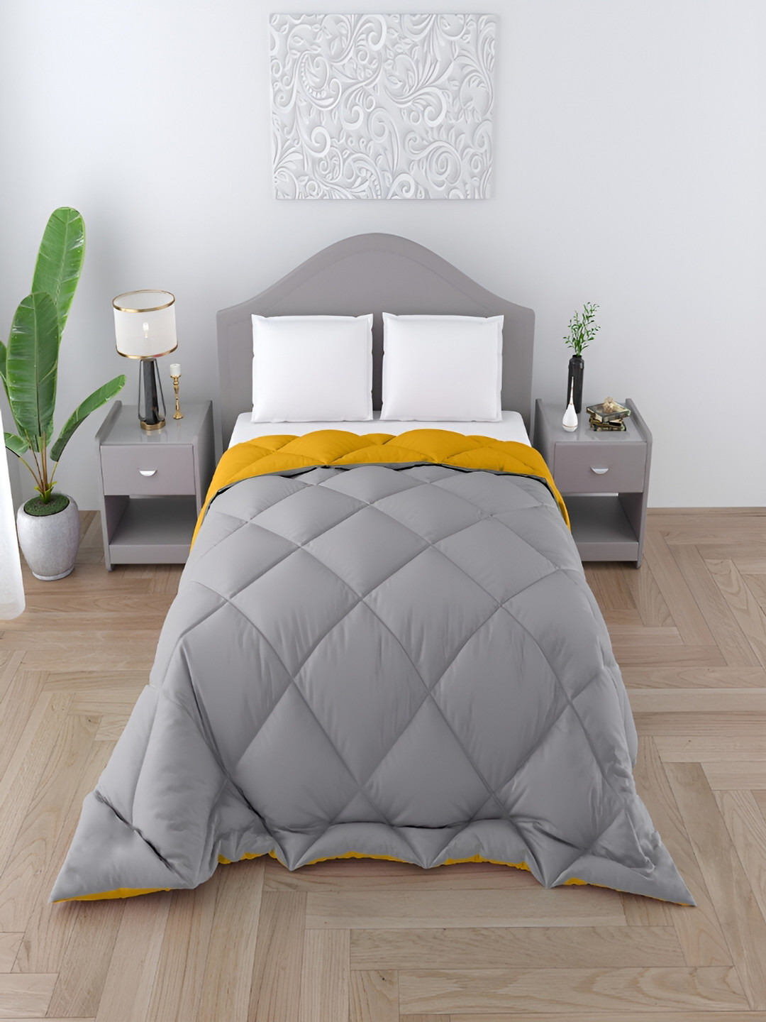 CHICERY Grey & Yellow Geometric Microfibre Heavy Winter 300 GSM Single Bed Comforter
