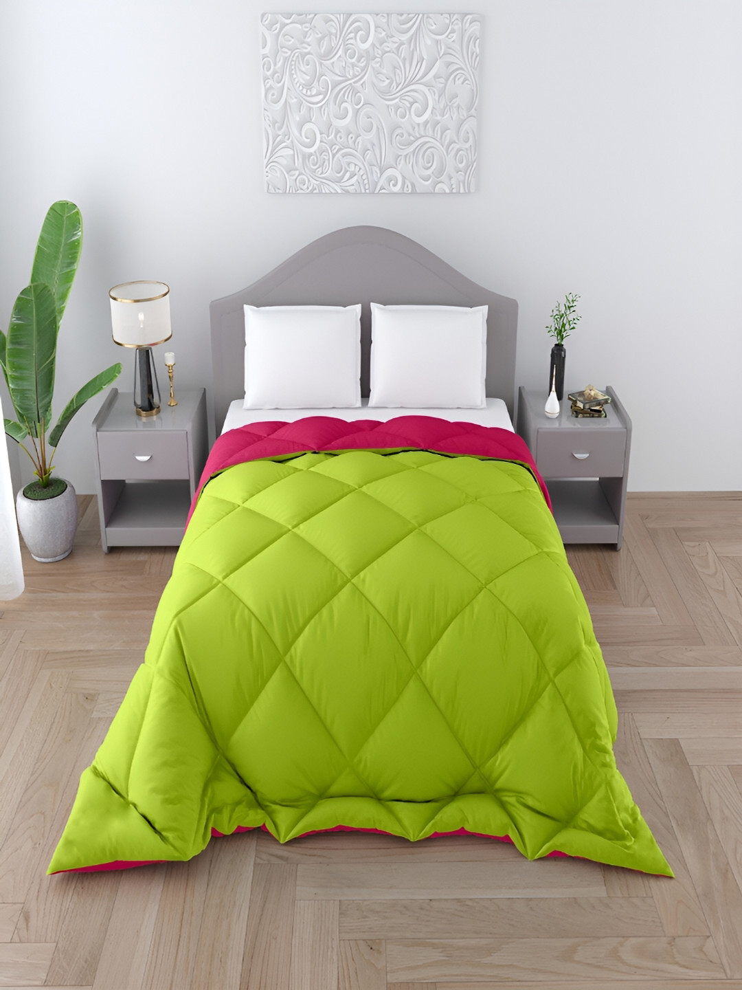 CHICERY Pink & Green Microfibre Heavy Winter 300 GSM Single Bed Comforter