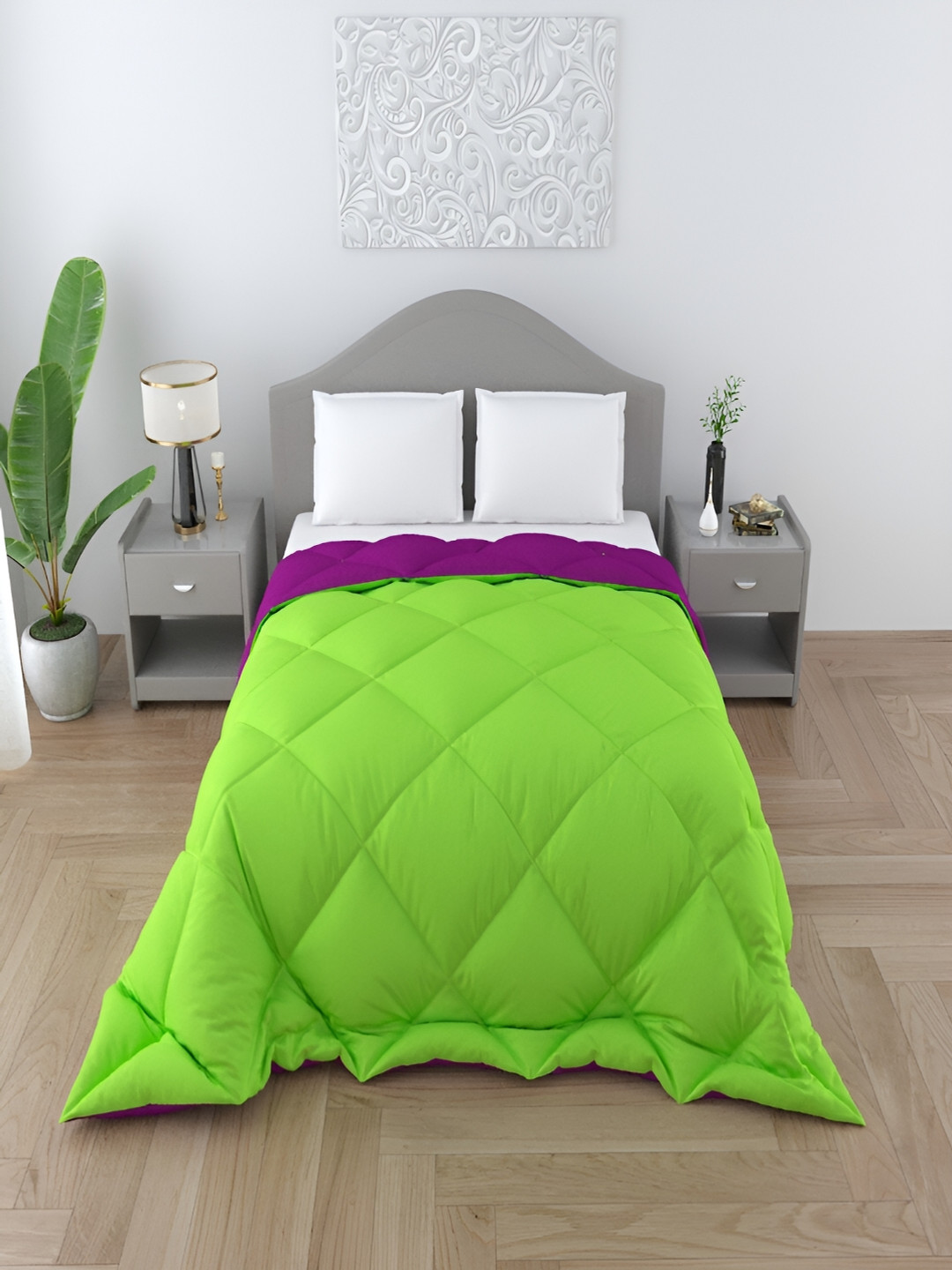 CHICERY Fluorescent Green & Purple Microfibre Heavy Winter 300 GSM Double Bed Comforter