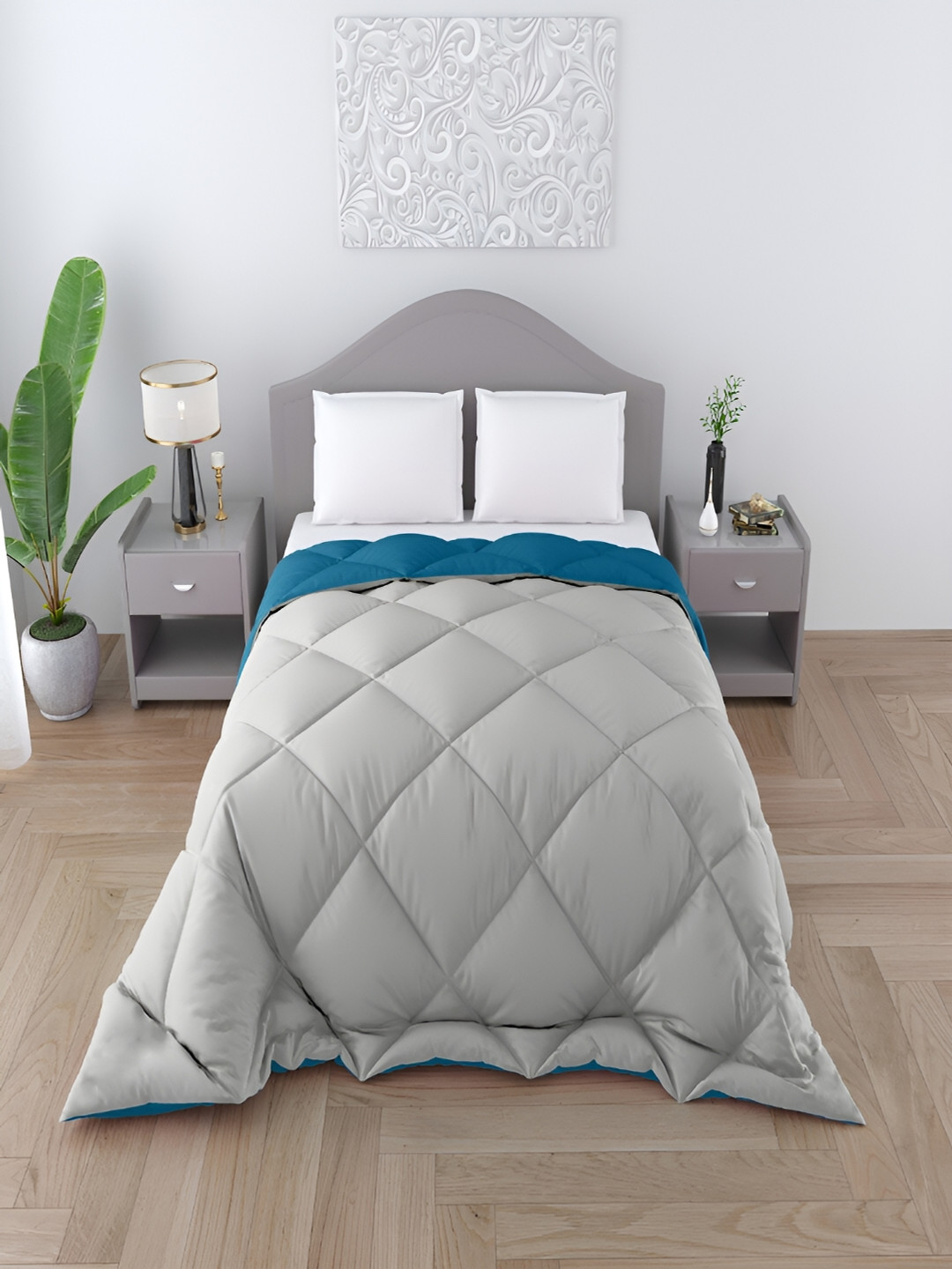 CHICERY Grey & Teal Checked Microfibre Heavy Winter 300 GSM Single Bed Comforter