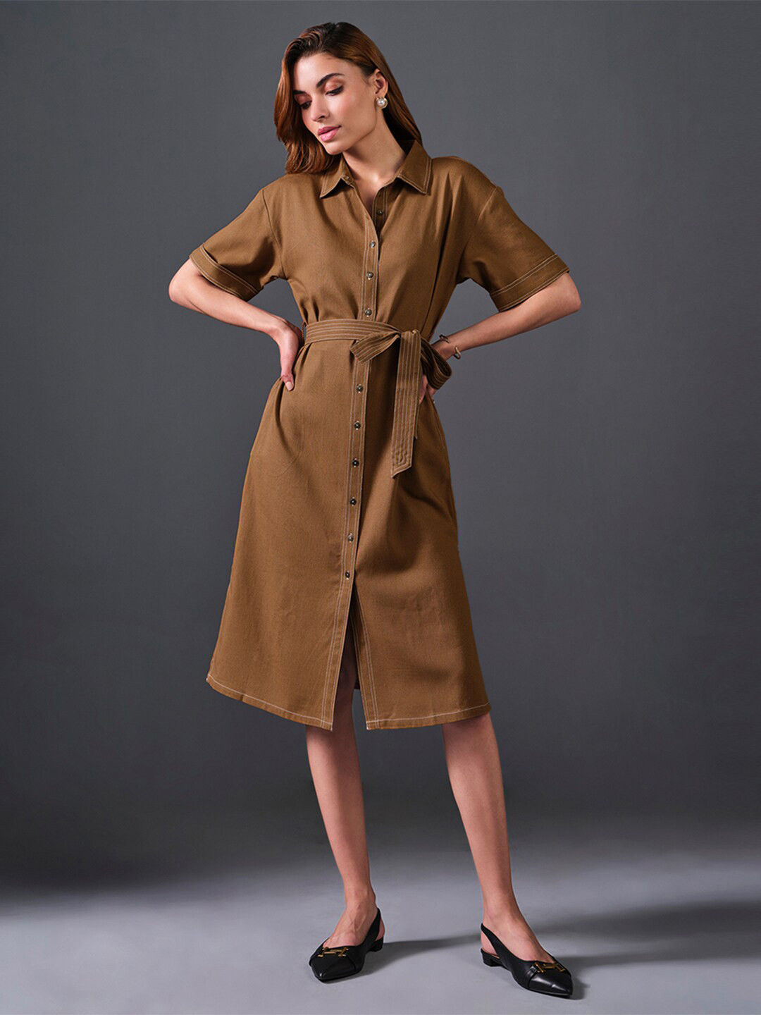AND Short Sleeves Belted Shirt Dress