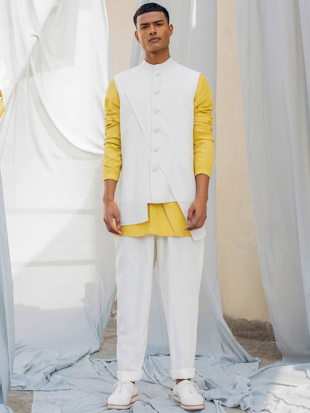 Antar-Agni Straight Linen Cross Panel Short Kurta with Payjama & Saint Waistcoat