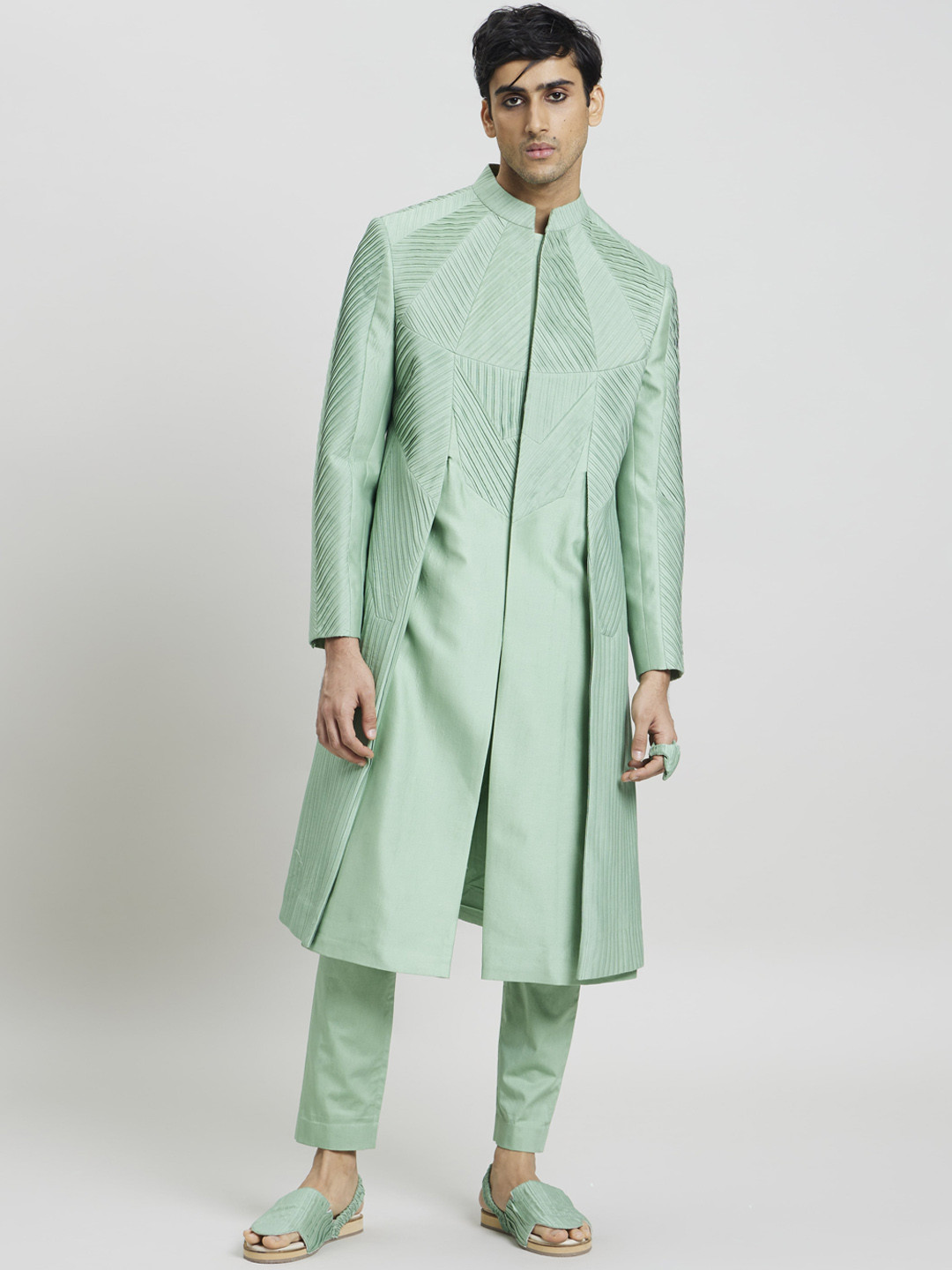 Antar-Agni Mandrian Collar Pleated Design Samurai Jacket With Pyjama Pant