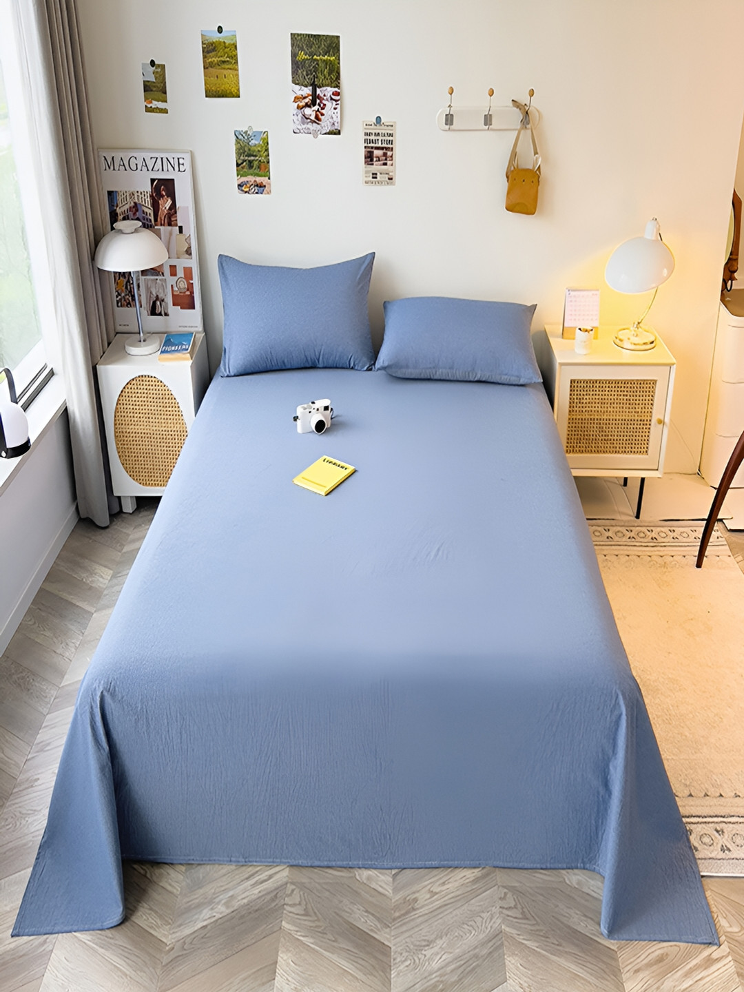 JC HOME Blue Solid Cotton 220 TC Queen Fine Bedsheet with 2 Pillow Covers-220 x 230 cm