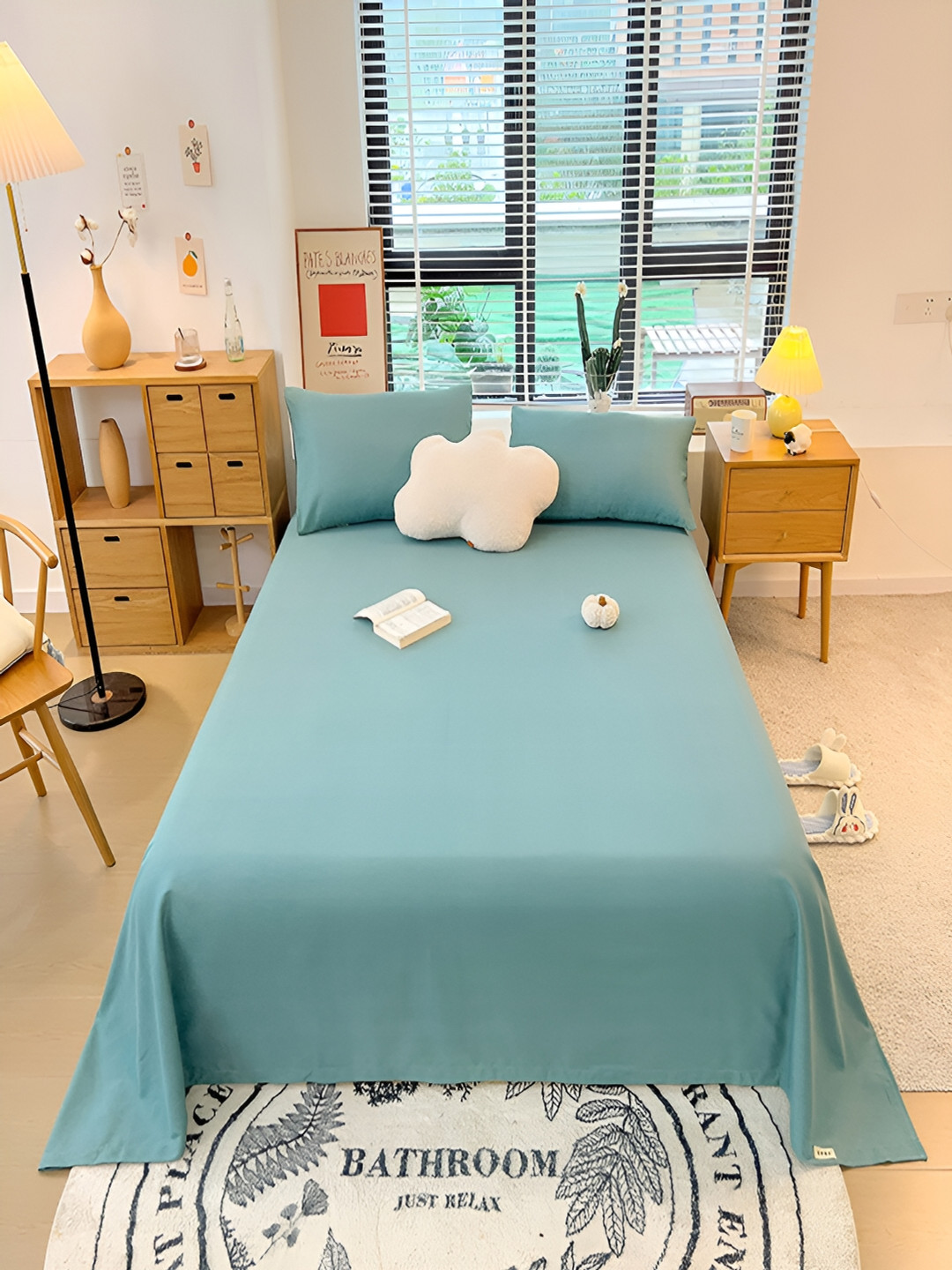 JC HOME Blue Cotton 210 TC Single Bedsheet with a Pillow Cover-63 x 91 inches